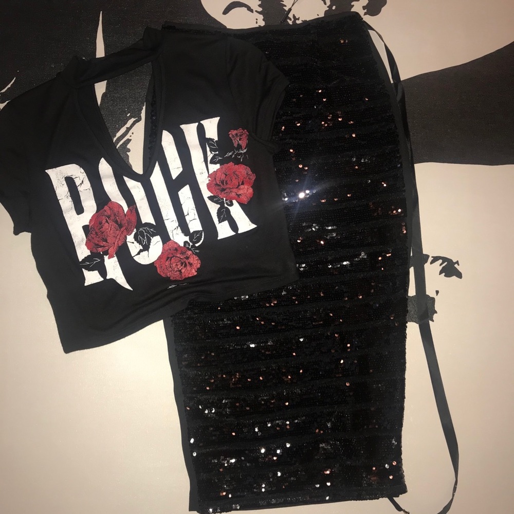 PLT | Black Sequin Midi Skirt